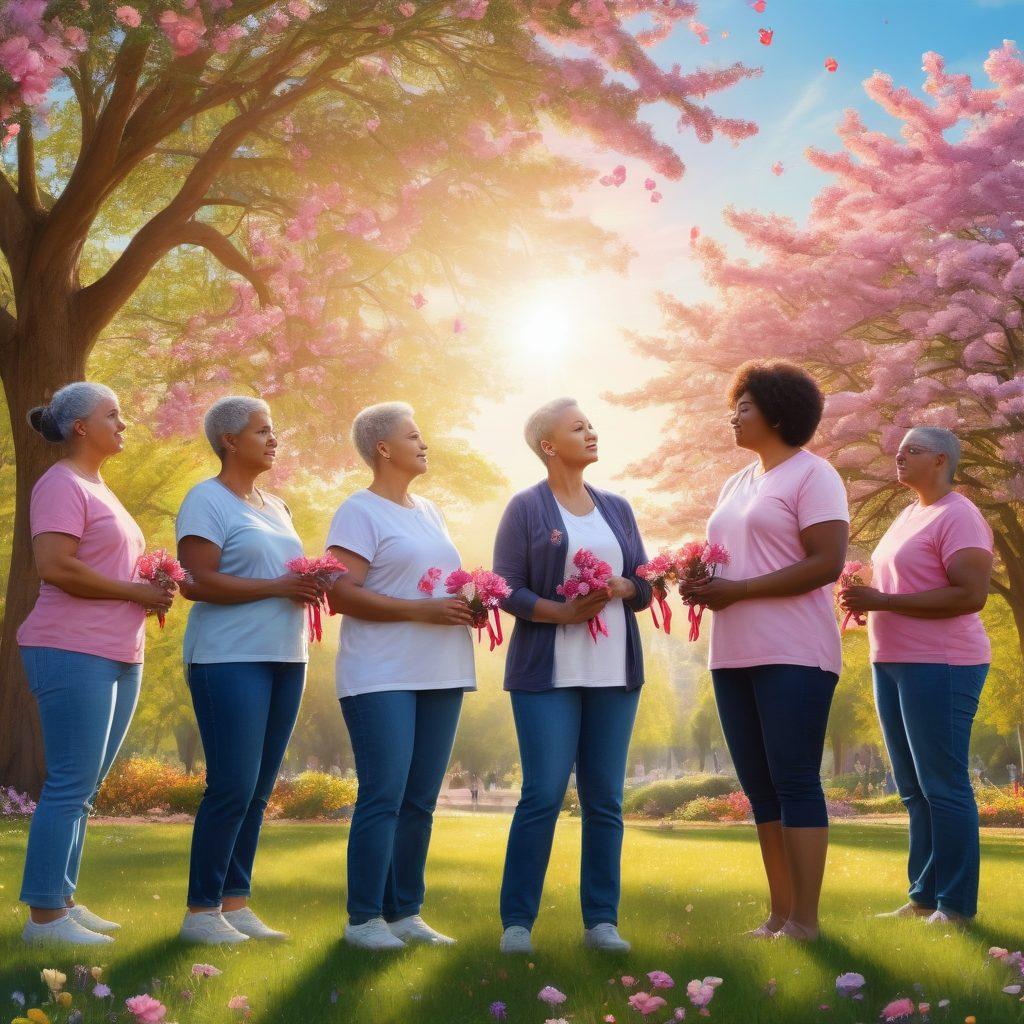 A serene and empowering scene depicting a diverse group of cancer survivors sharing their stories in a bright, sunlit park. Include symbols of hope like blooming flowers and ribbons in the background, while each individual displays a sense of resilience and support. The sky should be clear and blue, representing a journey towards healing and new beginnings. super-realistic. vibrant colors. nature-inspired.