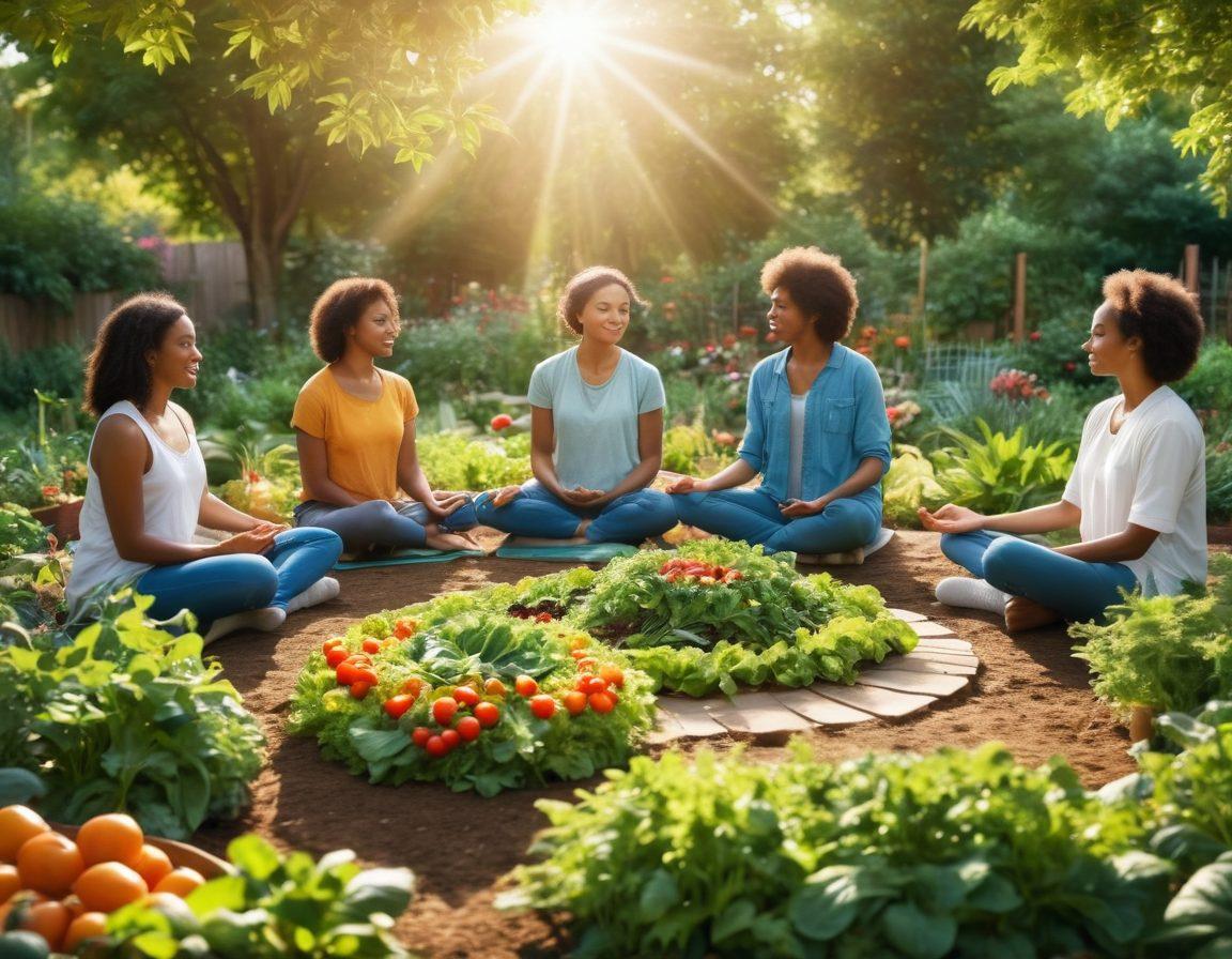 An inviting community garden scene, with diverse individuals practicing mindfulness through meditation, preparing nutritious meals with fresh produce, and sharing stories in a circle. Vibrant plants symbolize health and growth, while a soft, warm sunlight filters through the leaves, creating a peaceful atmosphere. The image should evoke a sense of unity and holistic care. super-realistic. vibrant colors. soft focus.