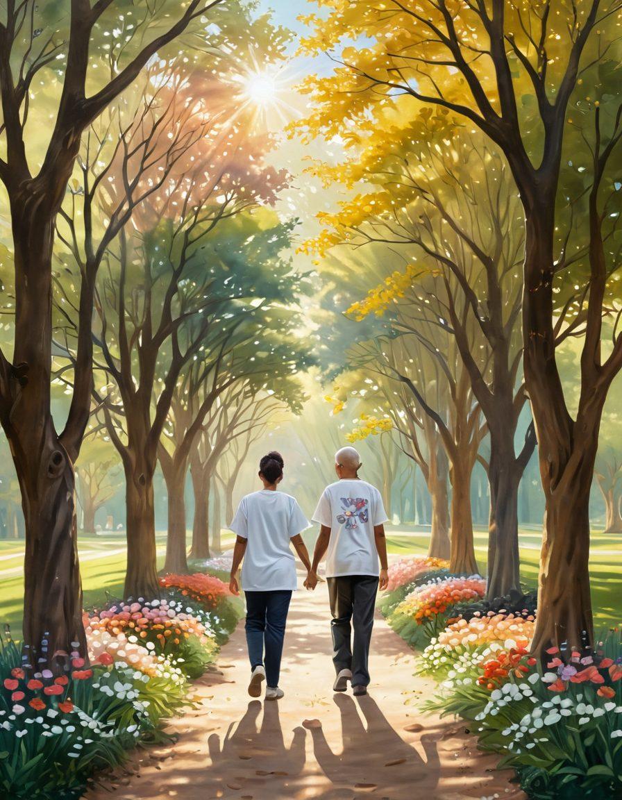 A serene landscape depicting a diverse group of people supporting a cancer patient, with symbols of hope like ribbons and flowers around them. In the background, soft sunlight filters through trees, symbolizing wellness and growth, while a path leads forward representing the journey ahead. The patient looks contemplative yet hopeful, conveying strength and resilience. warm colors with a comforting atmosphere. painting.